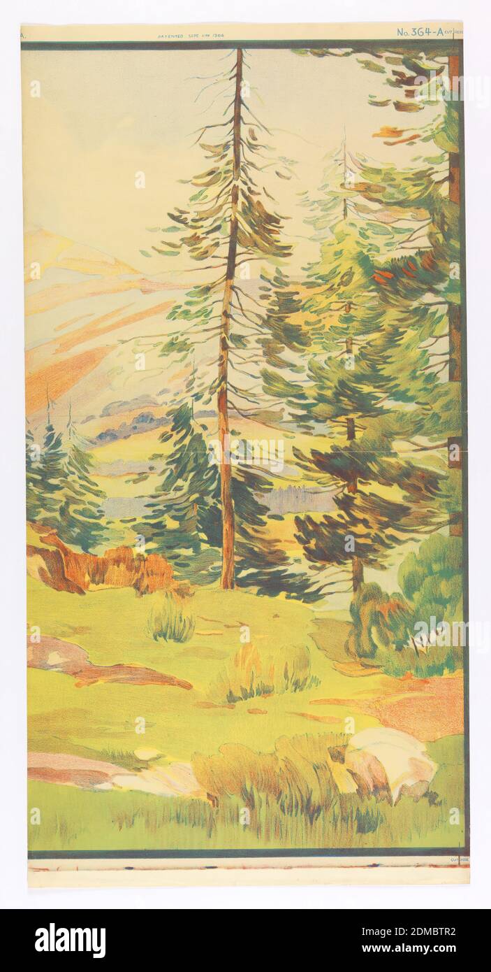 Sierras, The Schmitz-Horning Co., Cleveland, Ohio, 1905 - 1960, Chromolithograph on paper, Landscape scene with rocks and grass in foreground, tall pine trees in the middle ground and mountain range in the background., Cleveland, Ohio, USA, 1913–1914, Wallcoverings, Scenic - panel, Scenic - panel Stock Photo