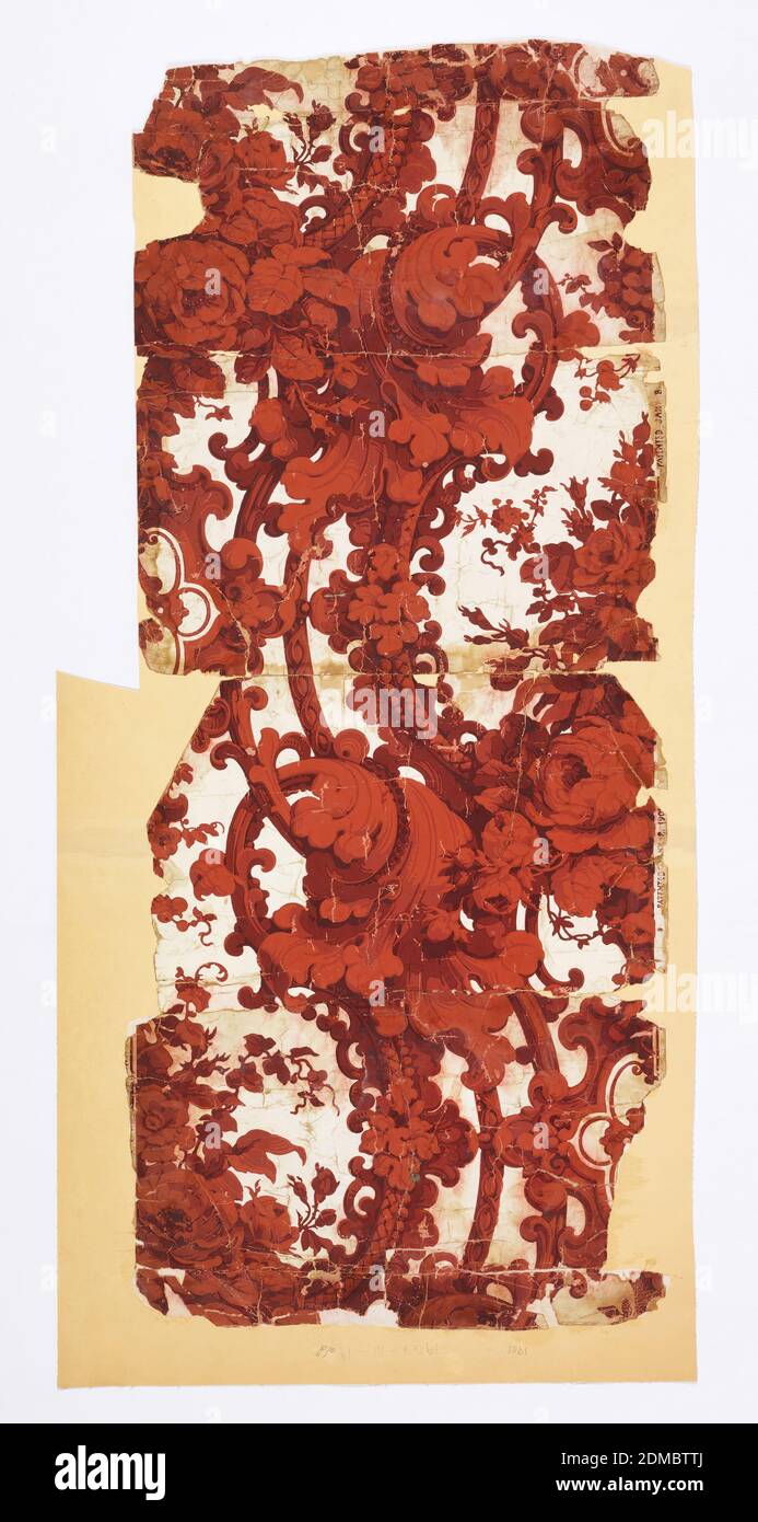 Sidewall, Block-printed on paper, Shaded wine red, baroque scrollwork, flowers on white ground. Printed in selvedge: 'Patented Jany 8, 1904.' Rococo revival style design., USA, 1904, Wallcoverings, Sidewall Stock Photo