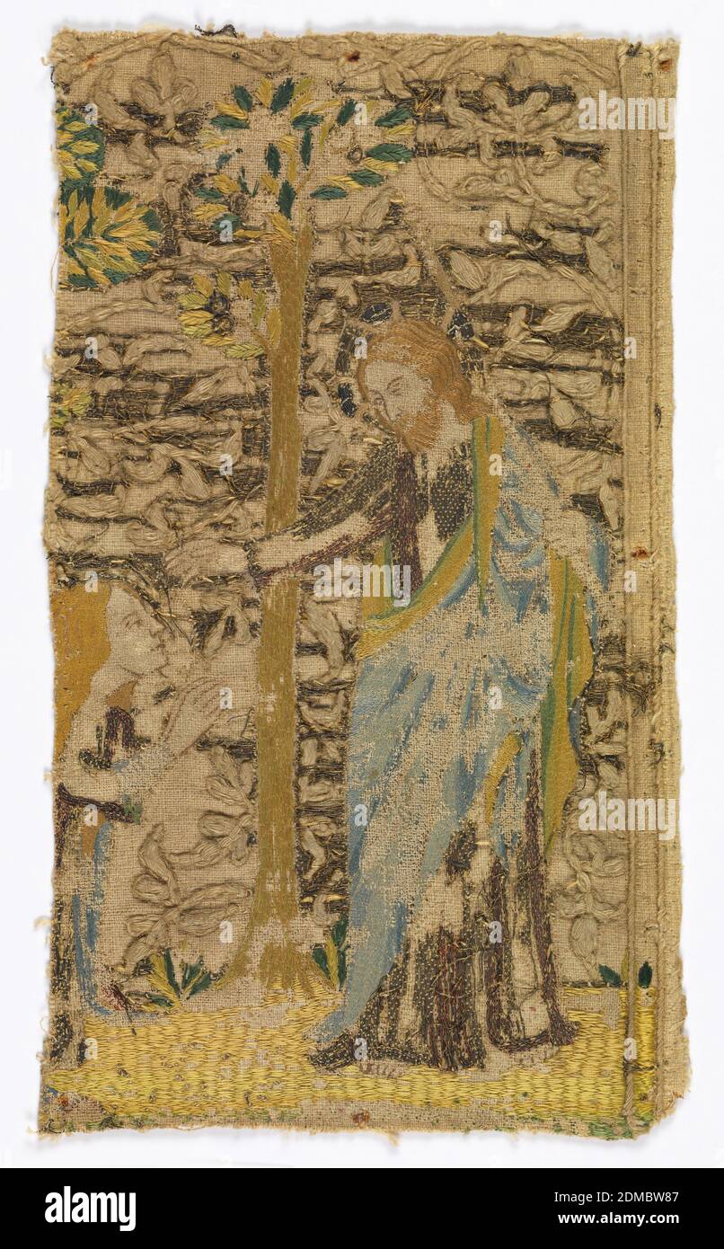 Fragment, Medium: cotton, linen, silk and metal Technique: embroidered; satin, split stitch, couching on metallic thread, Fragment of a pictorial embroidery, 'Noli Me Tangere.' Christ appearing to Mary Magdalen in Garden. Before a tree, Christ with hand outstretched to Magdalen, kneeling at left. Hair and beard of Christ in red-gold silk, his robe of gold, now tarnished, mantle blue. Magdalen's head in profile, red-gold hair, robe indicated by remains of gold and blue silk. Background and tree have been worked in couched gold over heavy cotton stitches in high relief., Italy, 14th century Stock Photo