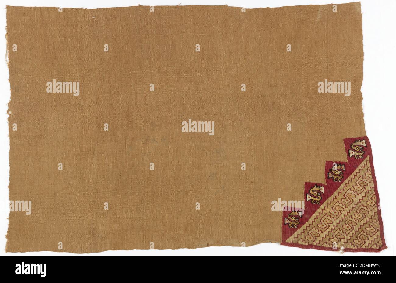 Textile, Medium: wool, cotton Technique: Somewhat warp-faced plain weave with grouping of warps for weft-faced plain weave: slit tapestry; predominantly warp-faced plain weave; ONE CORNER: slit tapestry on group parps, nonhorizontal wefts for outline, wrapping; SIDES: one is intact; ENDS: one has warp loop, tapestry section in tubular warp ends, end of a loin cloth with triangular-shaped woven area at one corner: interlocked birds in two shades of light brown outlined with red forming a triangular-shaped all-over patterned area which is framed in red. Stock Photo