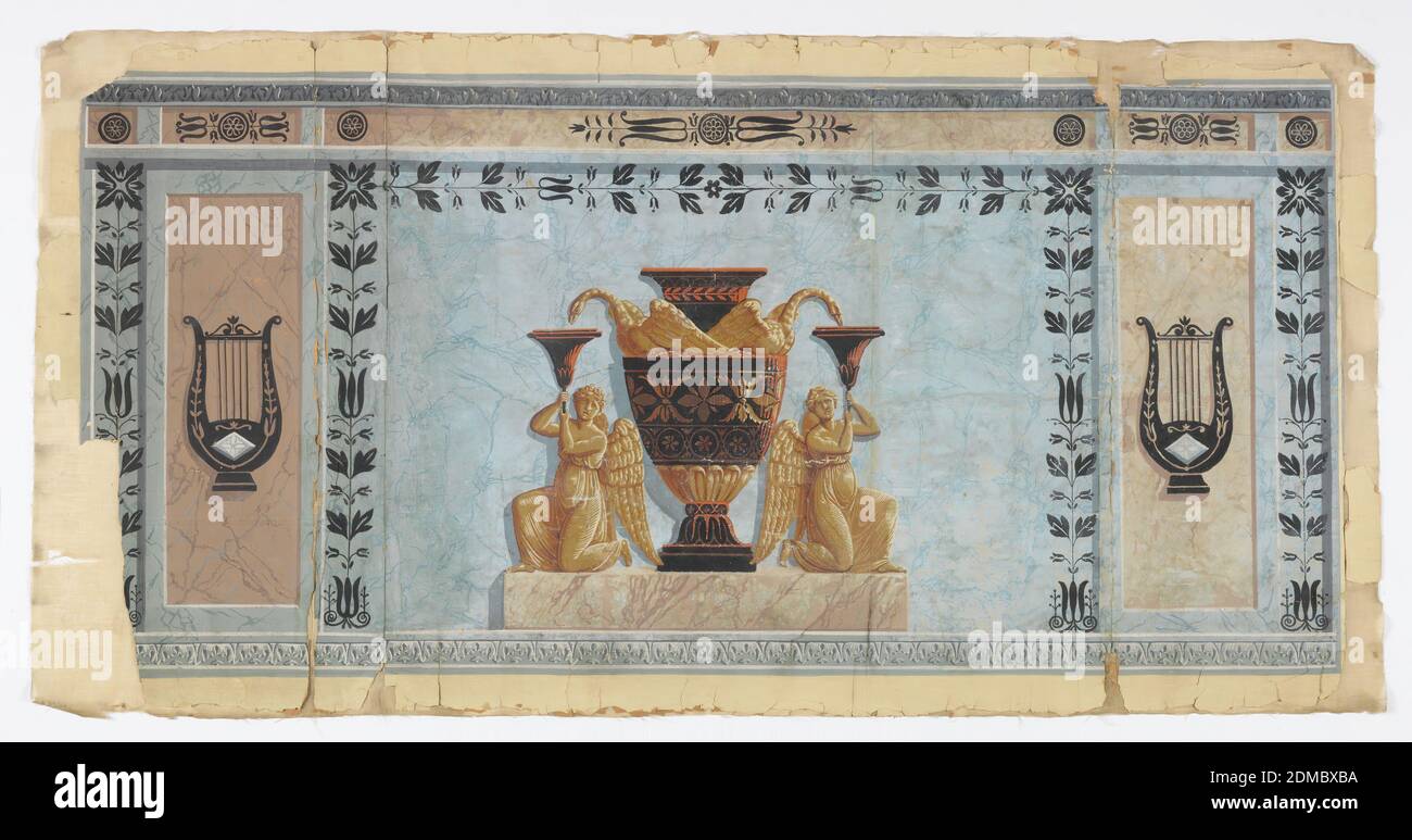 Dado, Block-printed paper, Large central urn, with angel on either side holding vessels to feed swans, on marble base, on blue ground; with harp on either side., H# 658, France, 1800–1825, Wallcoverings, Dado Stock Photo