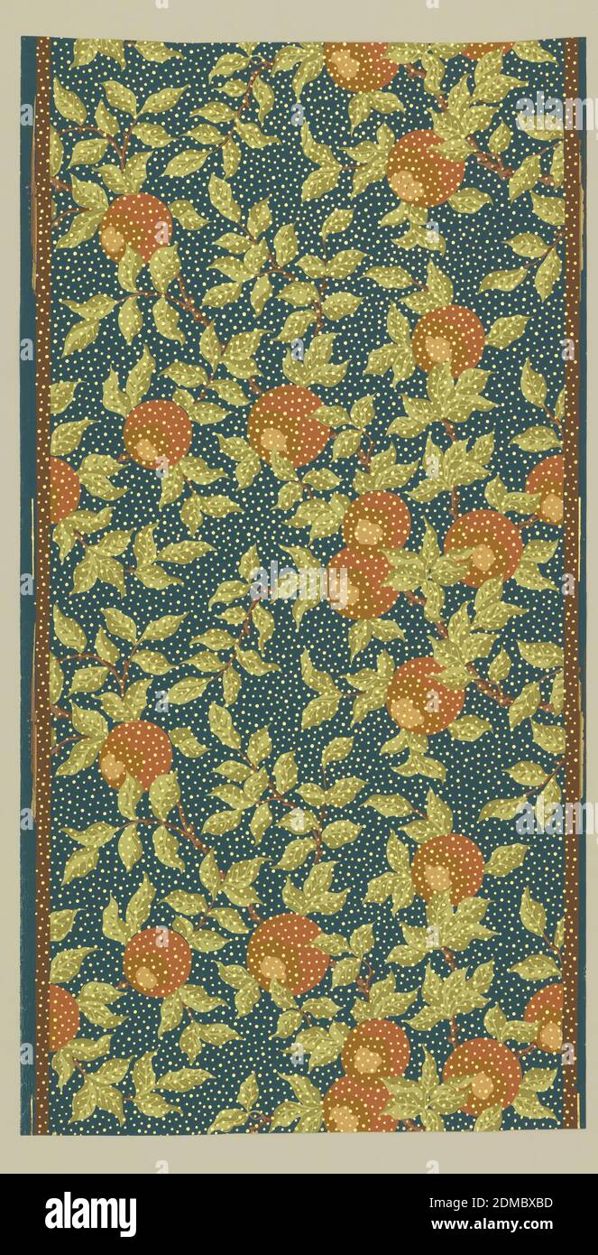 Sidewall, Machine-printed, On dark green-blue ground, pattern of orange-brown oranges on branches with green foliage. The whole is spotted with dots, in random pattern of metallic gold., England or USA, 1880–1900, Wallcoverings, Sidewall Stock Photo