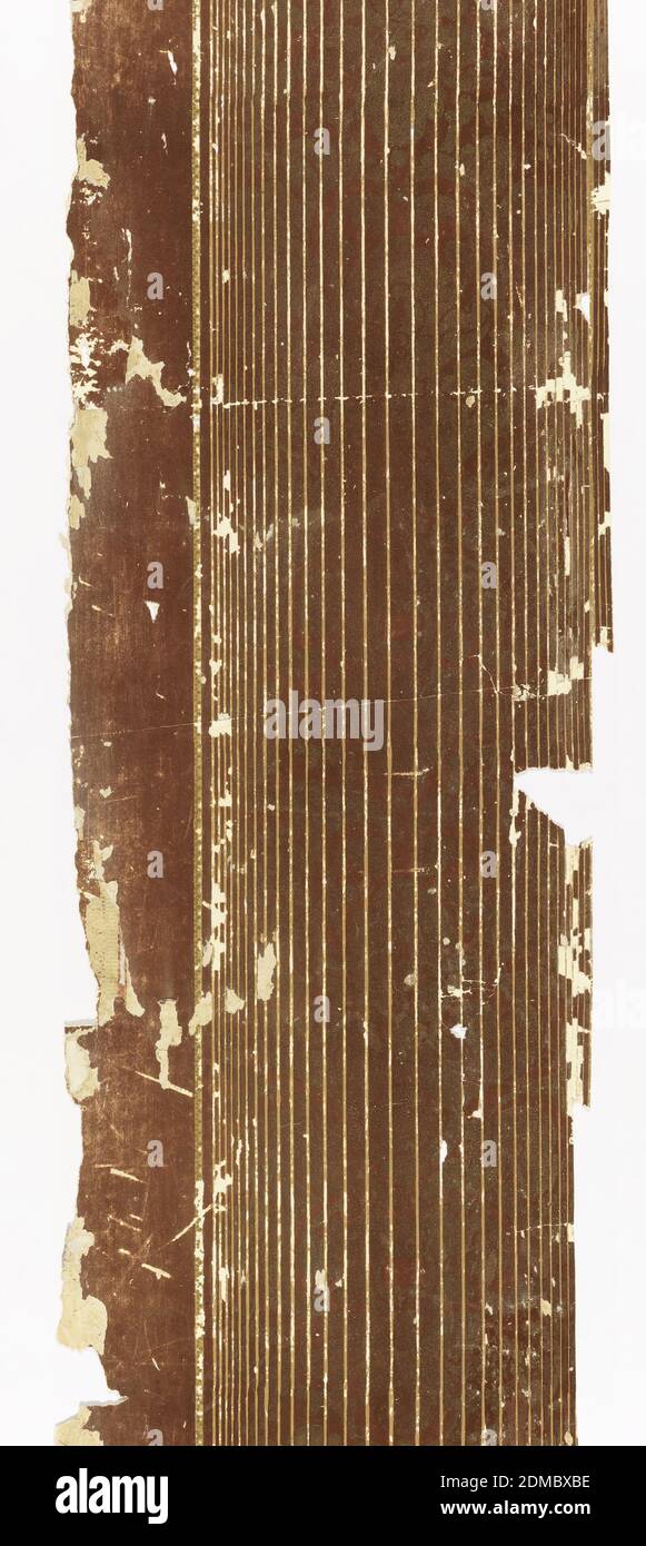 Sidewall, Block-printed and flocked, Dark rust-colored flocked stripes, increasing and decreasing in width to simulate fluted column, alternating with narrow beige stripes, overprinted with floral scrolling motif. Large band of flocked area running along one side., possibly France, 1840–70, Wallcoverings, Sidewall Stock Photo