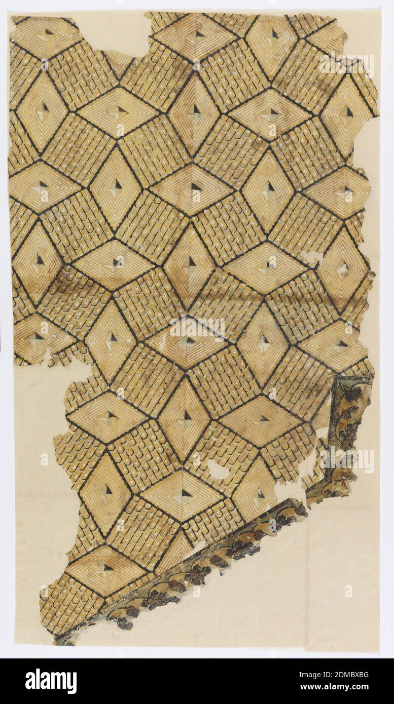 https://c8.alamy.com/comp/2DMBXBG/sidewall-block-printed-on-handmade-paper-geometric-pattern-of-diamond-shapes-printed-in-black-white-and-green-on-a-yellow-ground-possibly-usa-18001804-wallcoverings-sidewall-2DMBXBG.jpg