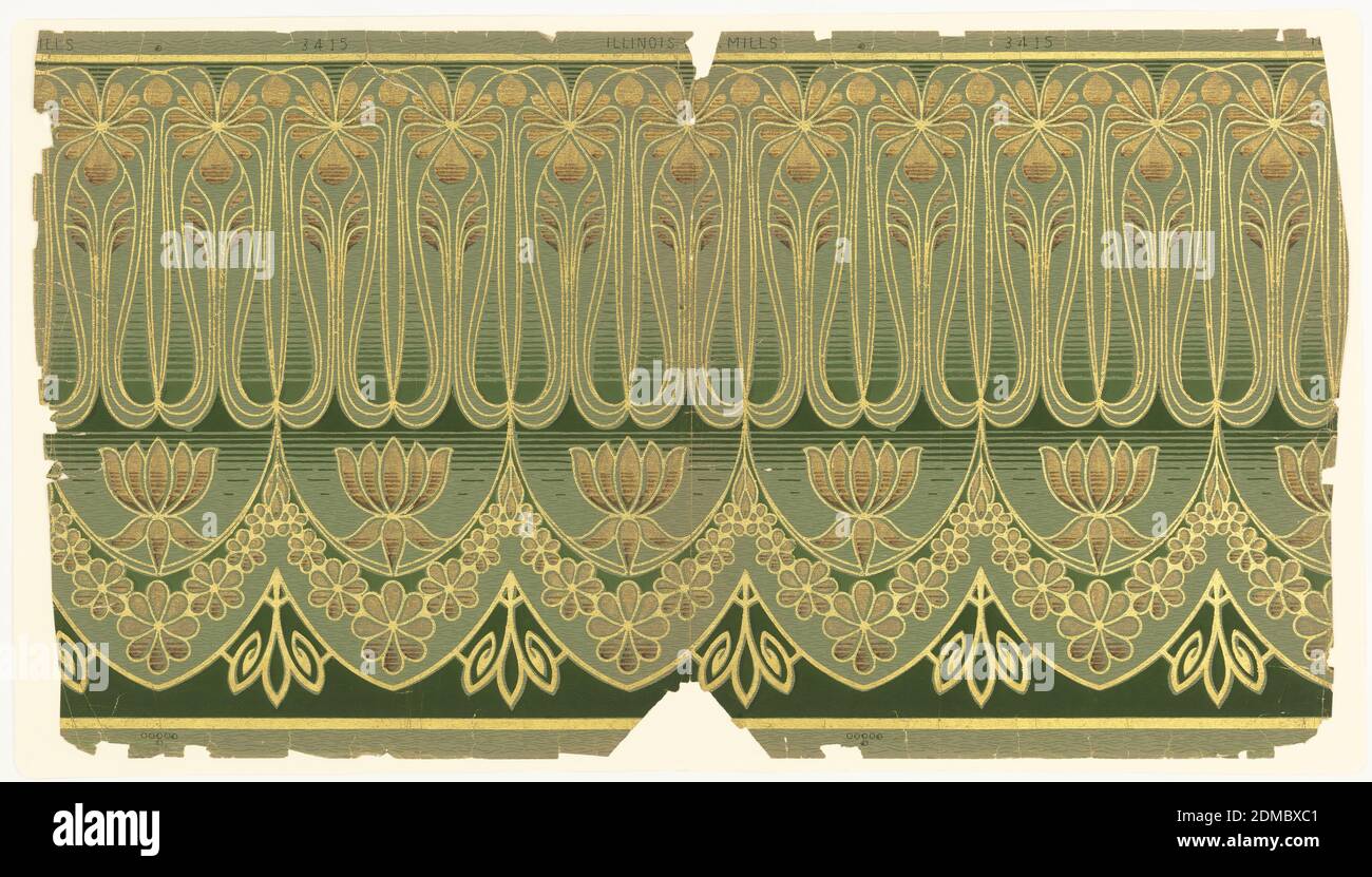 Frieze, Machine-printed, On frieze, gray-green patterned ground, floral swag of metallic gold and bronze interspersed with water lilies on water-like ground; upper half consists of sinuous stems and flowers in bronze and gold., USA, 1900–10, Wallcoverings, Frieze Stock Photo