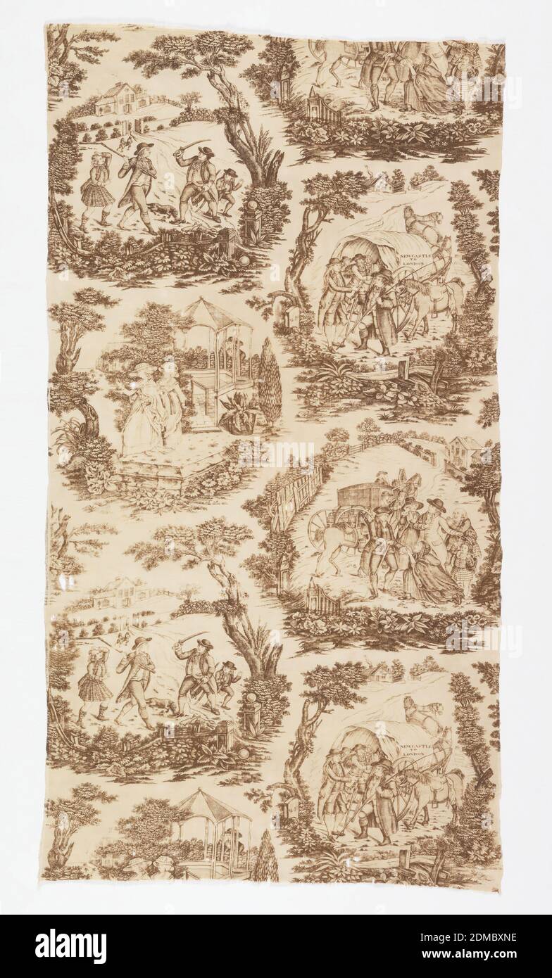 Textile, Medium: linen warp, cotton weft Technique: printed by engraved copper plate on plain weave; mordant for brown, Repeat of four oval-shaped outdoor scenes which fill the full width of the fabric. Scenes include: a covered wagon 'Newcastle to London' and passengers; carriage with travelers hearing their fortune; two men fighting over two dead animals; and two women in a garden with gazebo, spied upon by a man behind a hedge. Pattern printed over both edges., England, ca. 1775–85, printed, dyed & painted textiles, Textile Stock Photo