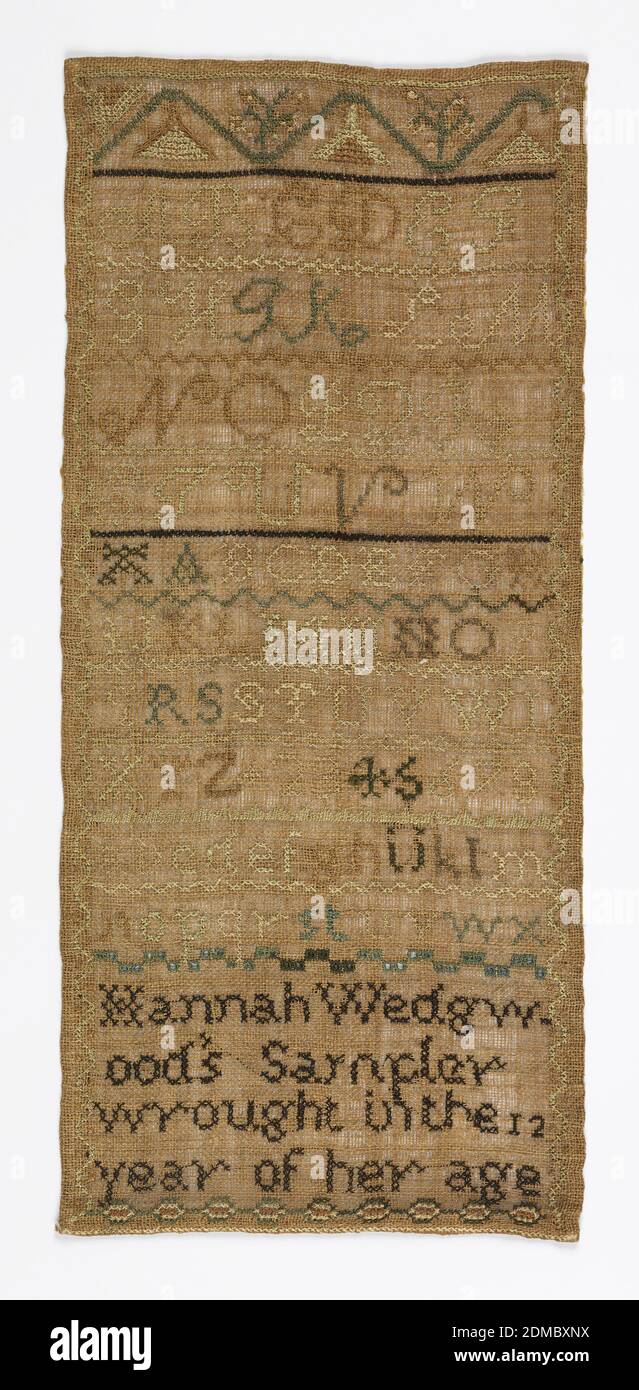 Sampler, Hannah Wedgwood, Medium: silk on linen Technique: cross, stem eye and satin stitches on plain weave foundation, Curving band of pattern three alphabets, and one set of numerals with the inscription 'Hannah Wedgwood's Sampler wrought in the 12 year of her age.', England, mid-18th century, embroidery & stitching, Sampler Stock Photo