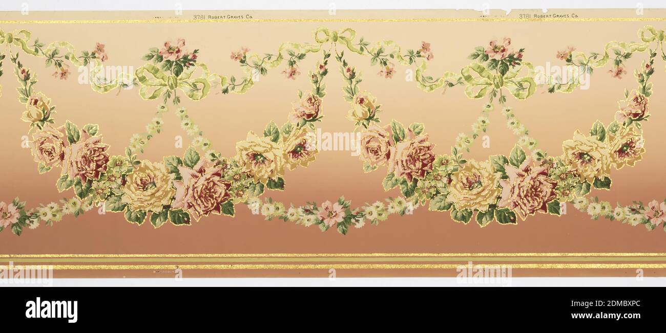 Frieze, Robert Graves Co., New York, New York, Machine-printed paper, mica flakes, Flitter frieze containing swags of roses hung from vine-entwined ribbons with daisy chains linking the swags to large ribbon bows. Stripes at the edges. Printed in shades of pink, shades of green, tan and gold mica flakes on a background that shades from a medium pinkish-brown to a lighter shade., New York, USA, 1905–1915, Wallcoverings, Frieze Stock Photo