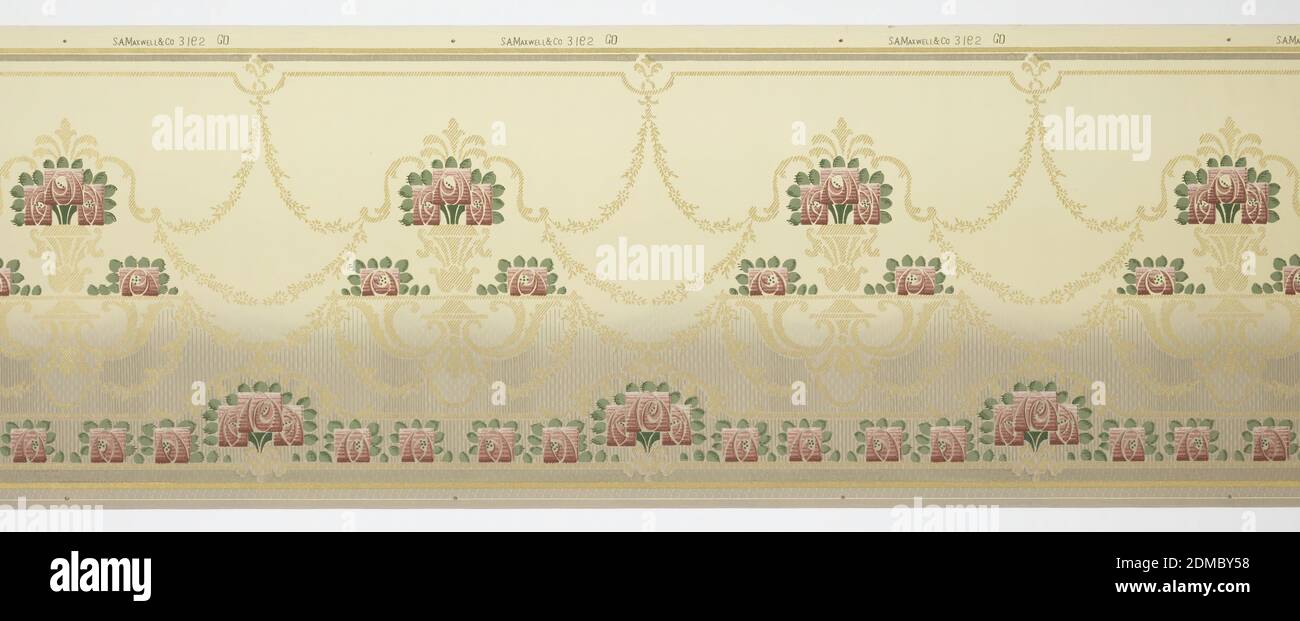 Frieze, Machine-printed paper, Stylized flowers resting on metalic gold platforms interlaced by foliate swags. Alternating bouquet and single flower pattern on bottom. Green and gold stripes on top and bottom. Printed on green shaded background that is darker on the bottom and lighter toward the top. Printed in green, metalic gold and burgundy., USA, 1905–1915, Wallcoverings, Frieze Stock Photo