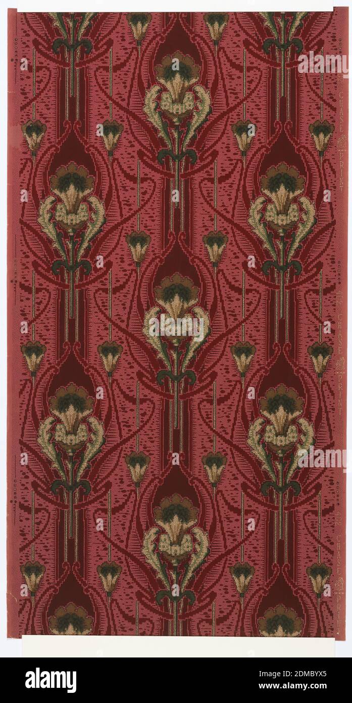 Sidewall, Lewis Chase Wall Paper Company, Bristol, Pennsylvania, USA, Machine-printed paper, Art Nouveau style. Thick floral medallion stripes alternating with two thin floral stripes. Ribboning design and background of irregular dots/splotches over regular small black dots on a dark pink ground. Printed in reds, pinks, greens, and yellows. Printed in right selvedge (ribbon): '402 Chase Print', Bristol, Pennsylvania, USA, 1907–1915, Wallcoverings, Sidewall Stock Photo