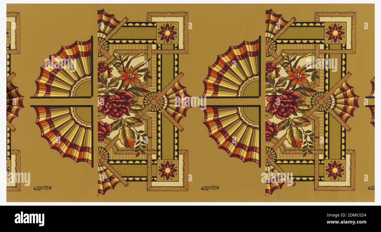 Ceiling border, Block-printed, Wallpaper roll., Ceiling border corners and ornaments: in the Anglo-Japanesque style, containing fans and roses. Printed in red, tan and black on ocher ground., USA, 1875–1906, Wallcoverings, Ceiling border Stock Photo