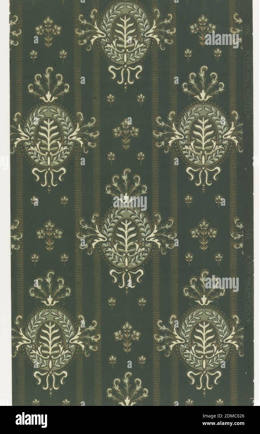 Sidewall, York Wall Paper Company, 1895, Machine-printed paper, liquid mica, On dark gray-blue ground, vertical stripes with staggered white oval medallions composed of plants framed by ribbons and scrolls., York, Pennsylvania, USA, 1905–1915, Wallcoverings, Sidewall Stock Photo