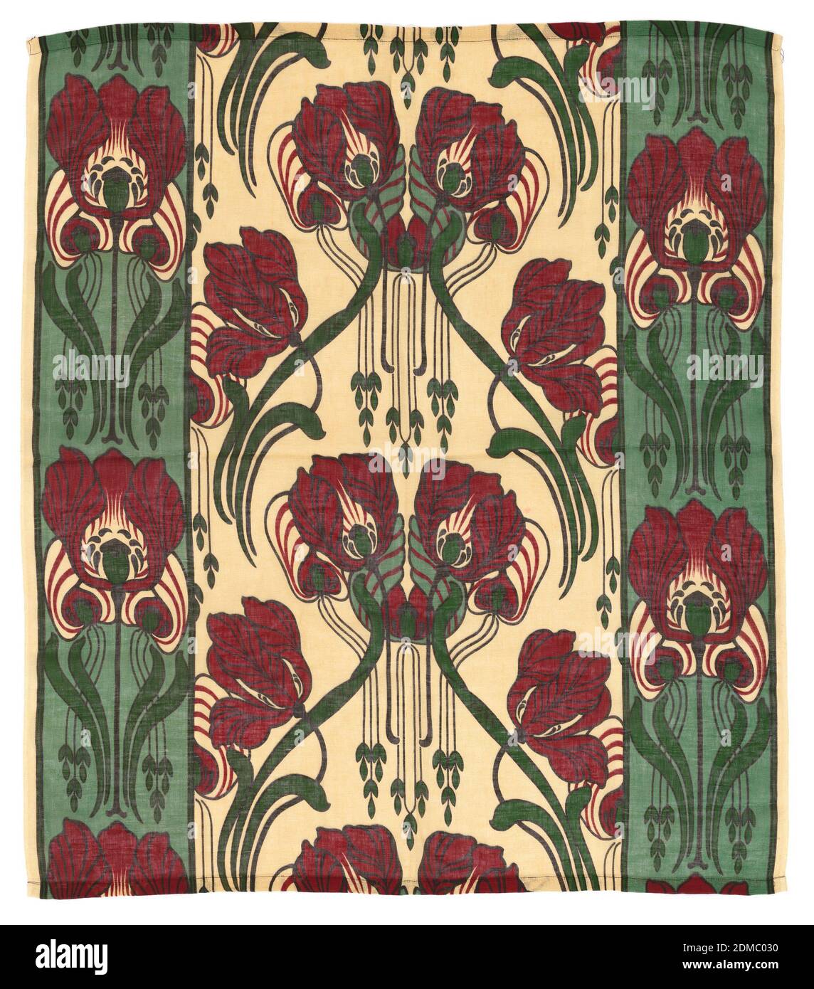 Textile, Medium: cotton Technique: printed on plain weave, Lightweight scrim-style curtain fabric printed with a dark red and light and dark green iris pattern,, USA, ca. 1900, printed, dyed & painted textiles, Textile Stock Photo