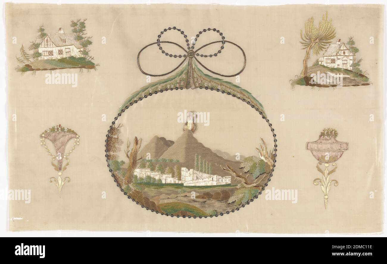 Sample, Johann Friedrich Netto, German, Medium: silk and metal thread embroidery on silk foundation Technique: embroidered in satin, stem, couching and knot stitches, with appliqué on plain weave foundation; painted details, Central cartouche with Mount Vesuvius and Pompei surrounded by rural scenes and trophies. This embroidery was from the pattern book of Johann Friedrich Netto, Zeichen-Mahler und Stickerbuch, Zweiter Theil, Leipzig 1798., Leipzig, Germany, 1798, embroidery & stitching, Sample Stock Photo