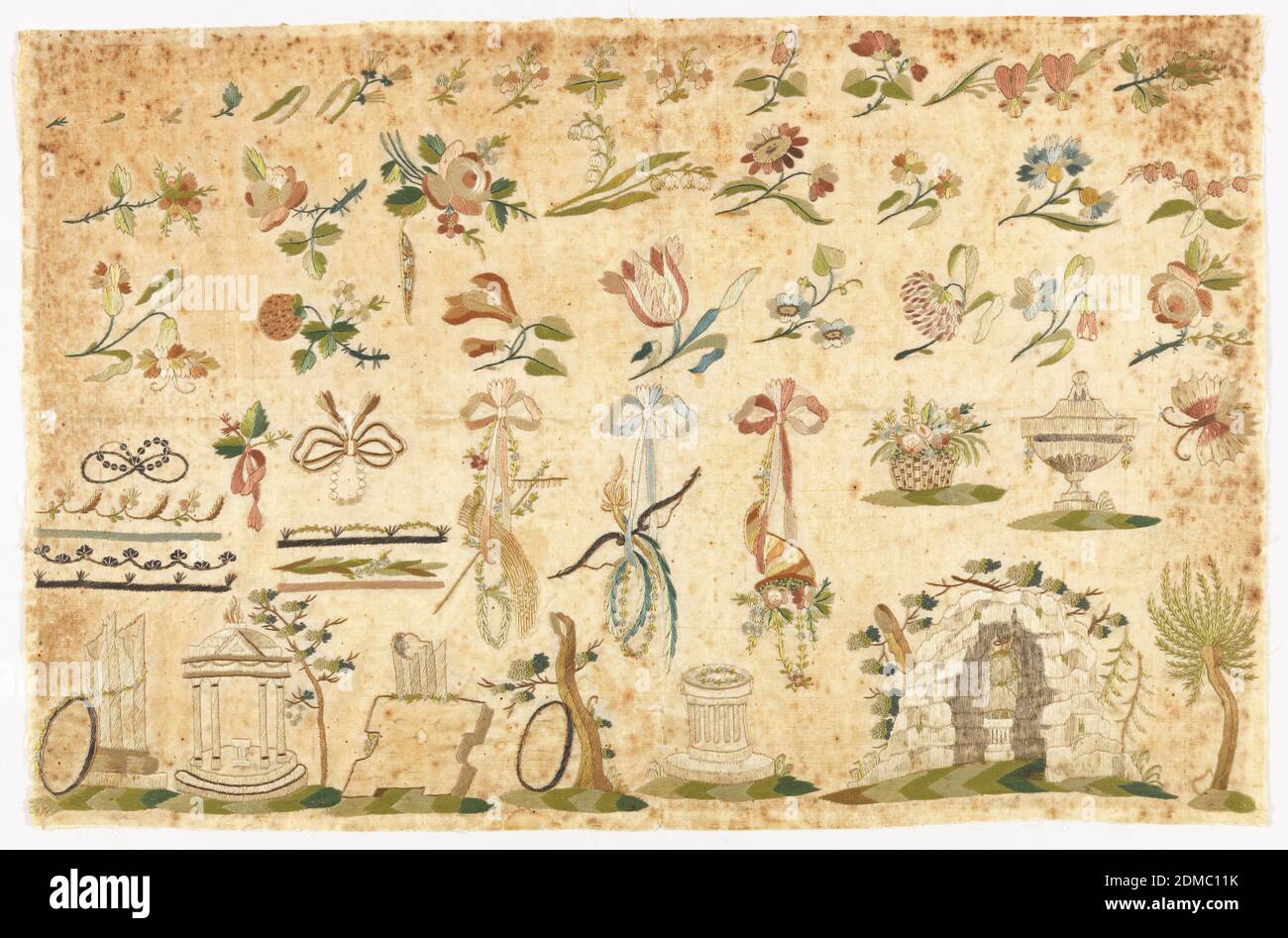 Sampler, Medium: silk and metal threads (flat metal and metal-wrapped silk) on silk foundation Technique: embroidered in satin, French knots, stem and chain stitches on plain weave foundation, Page from book 'Zeichen Mahler und Stickerbuch' by Johann Friedrich Netto, Liepzig, 1795., Leipzig, Germany, after 1795, embroidery & stitching, Sampler Stock Photo