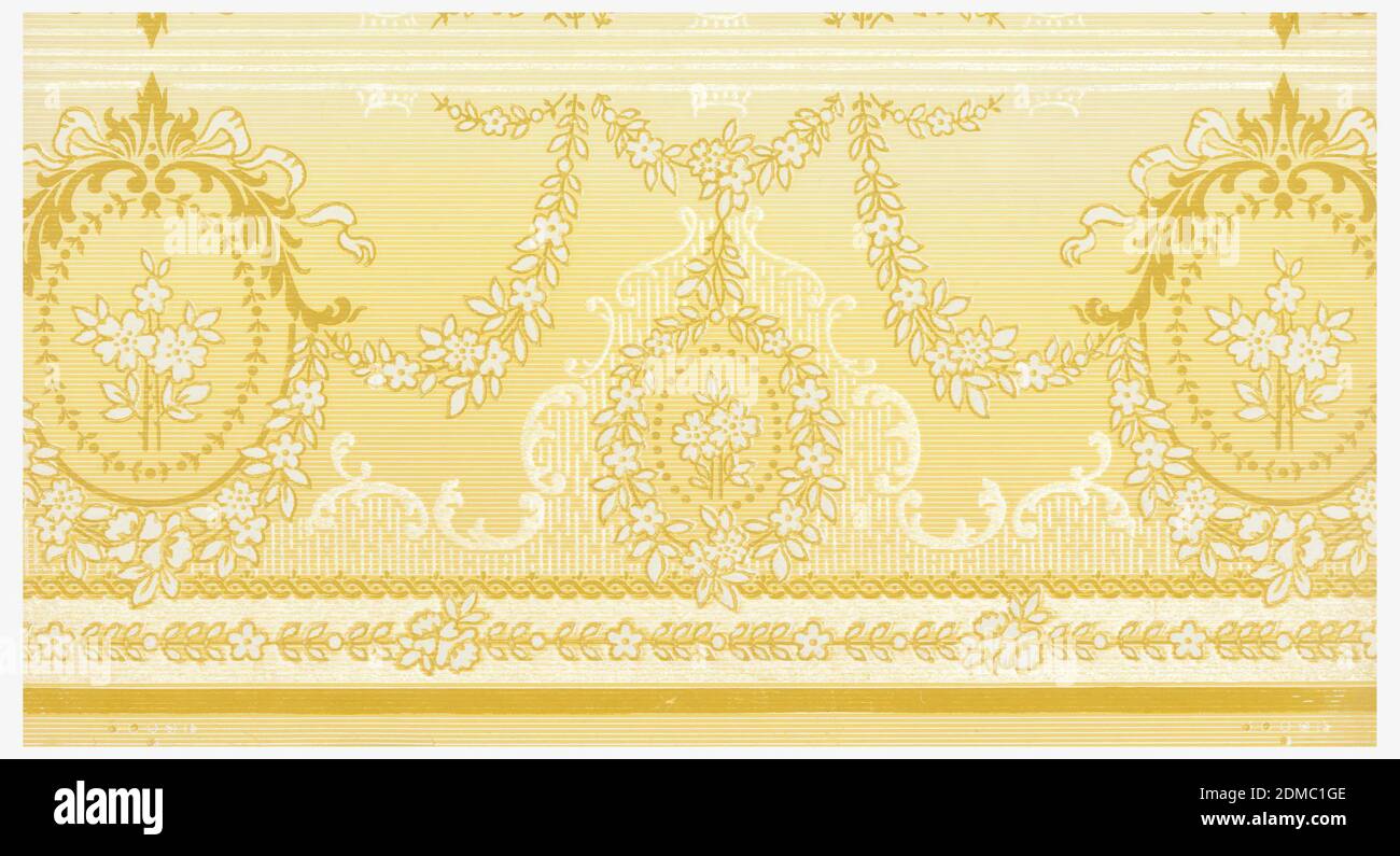 Frieze, Machine-printed, Narrow floral medallion frieze, printed in browns and liquid mica white, with medallion being connected by floral swags, above guilloche banding and small floral banding., USA, 1907–08, Wallcoverings, Frieze Stock Photo