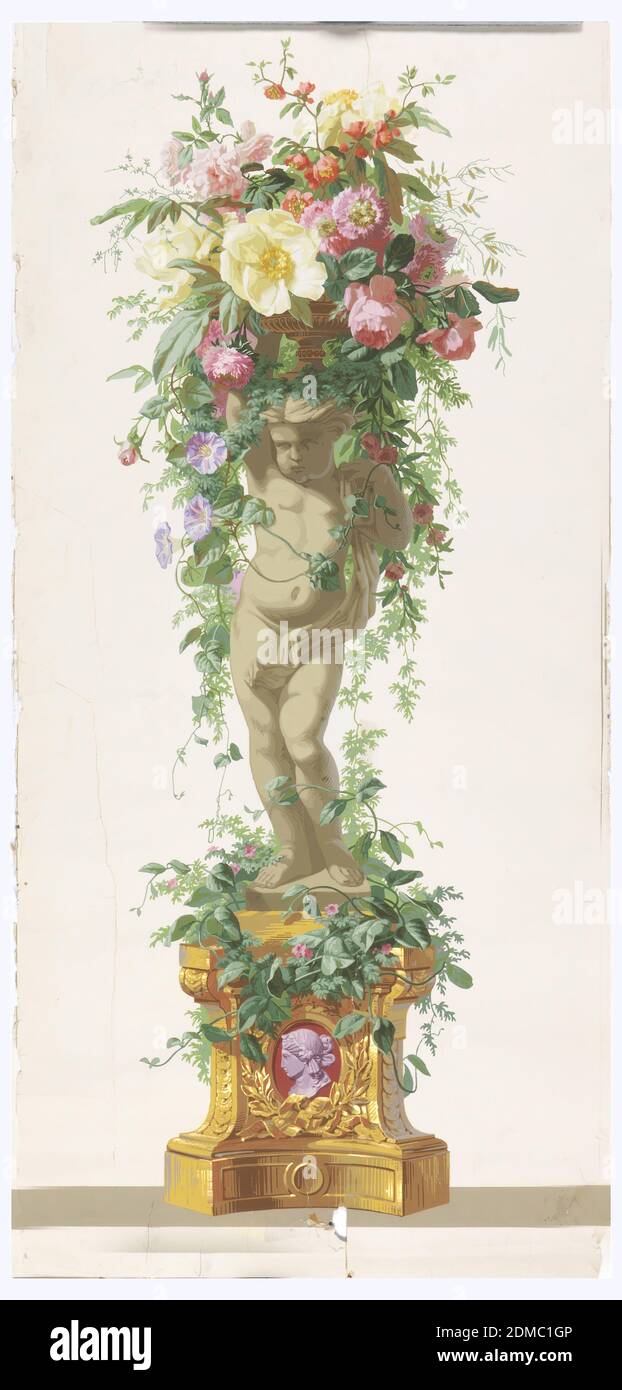 Decor galerie de Flore, Jules Desfossé, French, active 1851 - 1863, Block-printed paper, Statue of an infant supporting a basket of flowers with burgundy and lavendar cameo in base. Putti is facing left, standing on a vine-covered pedestal. Gold highlights. Printed on white ground., Paris, France, 1856–57, Wallcoverings, Decorative panel, Decorative panel Stock Photo