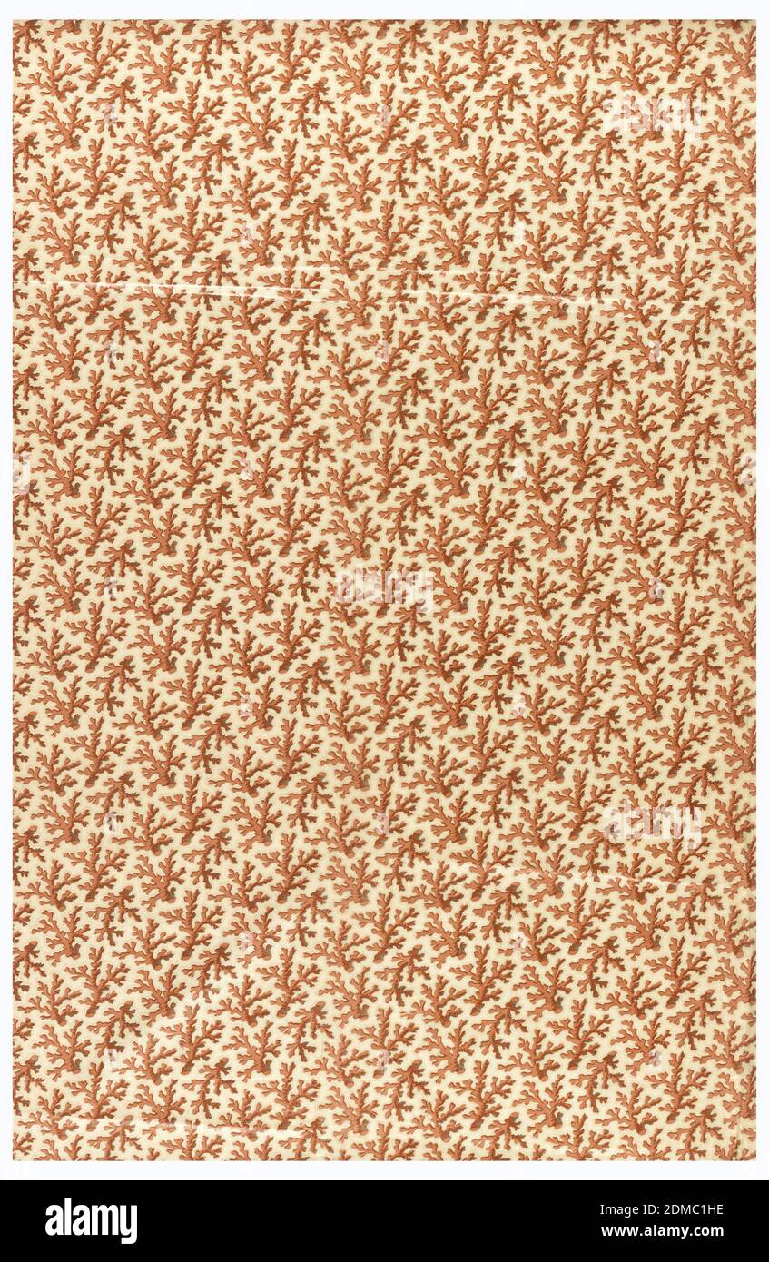 Textile, Medium: cotton Technique: roller printed, Overall pattern of coral branches surrounded by dots in two reds and brown. Fabric has original glaze., England, 1850–1900, printed, dyed & painted textiles, Textile Stock Photo