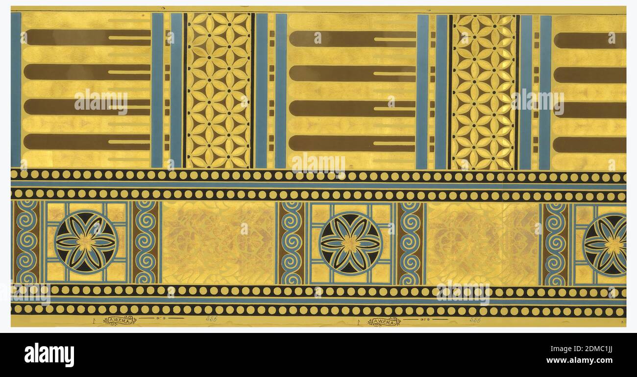 Dado, American Wall Paper Manufacturers' Association, 1879–1887, Frederick Beck & Co., 1860, Block-printed paper, Pattern contains two bands of distinct designs. Dado paper with slightly narrower band of circle in a square, alternating with a plain panel. Wider band contains fluted or reeded section alternating with stylized floral motifs. narrow bands of beading separate the two bands. Printed in blue, black and metallic gold on beige ground. Printed in left selvedge: 'A.W.P.M.A. 556'., New York, New York, USA, 1885, Wallcoverings, Dado Stock Photo