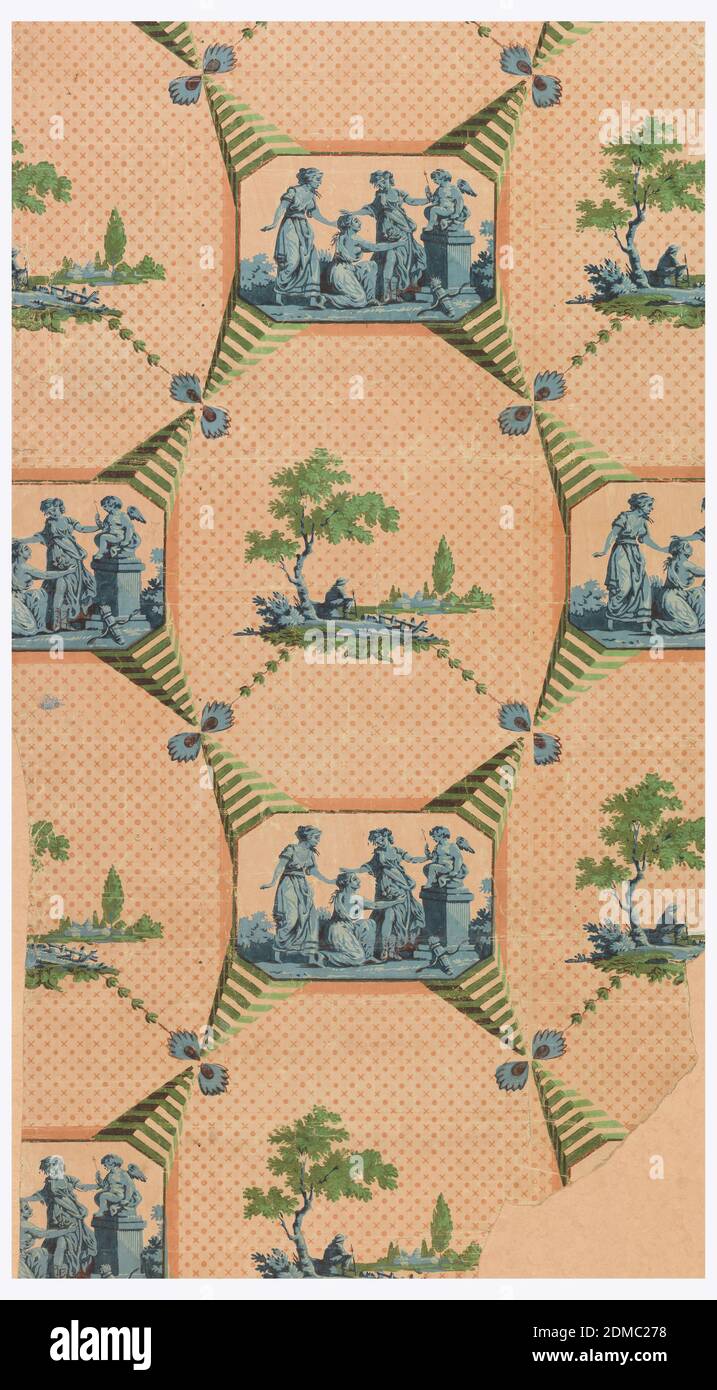 Offering to Cupid, Block-printed on joined sheets of handmade paper, Printed in peach and green, an interesting blend of neoclassical ornament and a small landscape, surrounded by striped cone-shaped framing elements., France, ca. 1800, Wallcoverings, Sidewall, Sidewall Stock Photo