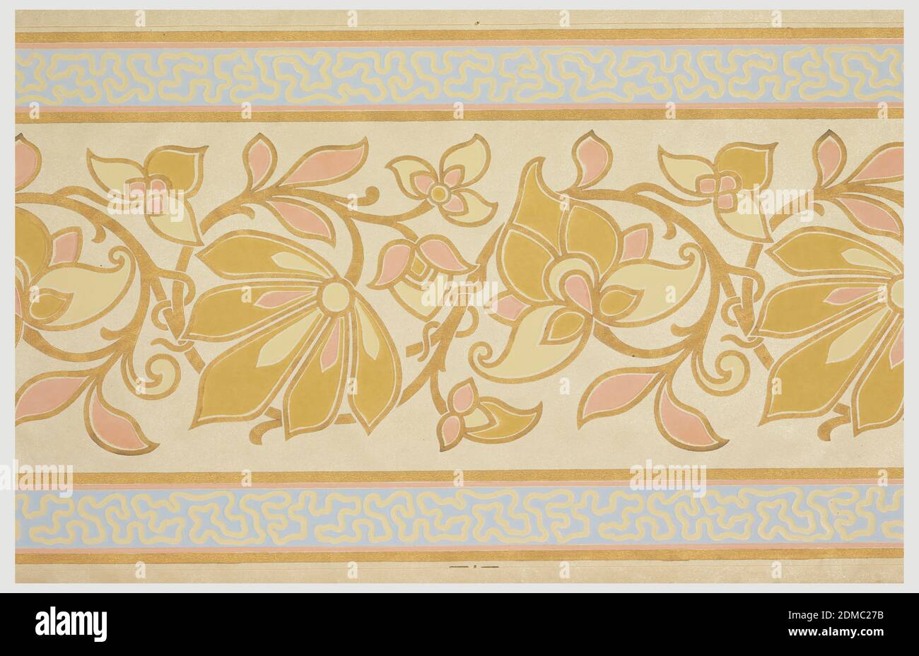 Frieze, Block-printed, Wallpaper roll., Large scrolling foliate motif printed in salmon and ocher against tan mica ground. Wide light blue band with 'worm-hole' motif along either edge., USA, 1875–1906, Wallcoverings, Frieze Stock Photo