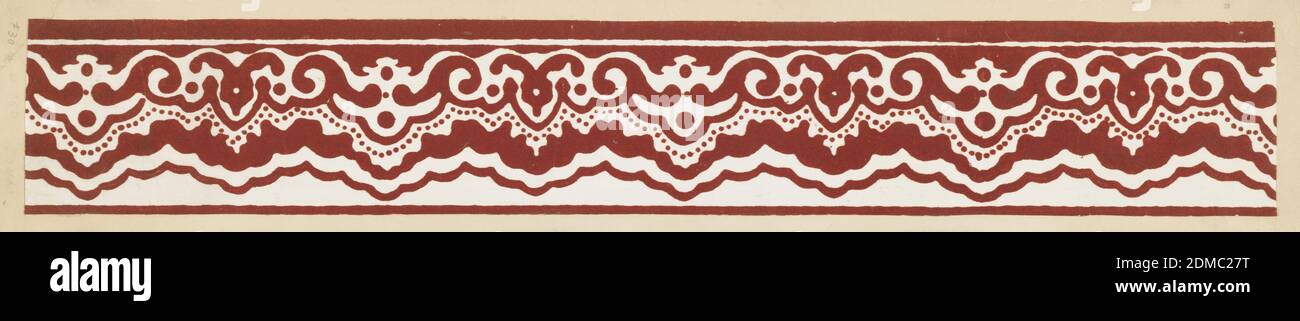 Border, Machine-printed paper and flocked on satin ground, Red-flocked scalloped border with scrolls and dots, all on a polished or satin white ground. PRinted three across., France, ca. 1850, Wallcoverings, Border Stock Photo