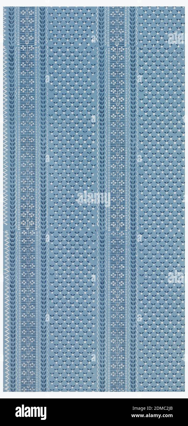 Sidewall, Block-printed on joined sheets, Blue and white stripes with petal shapes in blue on white dots., ca. 1820, Wallcoverings, Sidewall Stock Photo