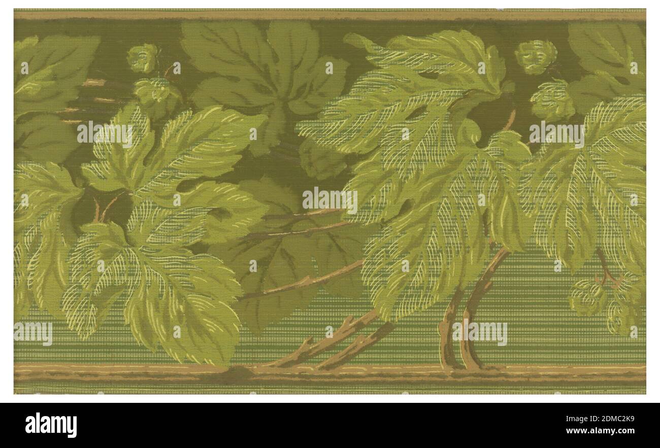 Border, Machine-printed paper, Large-scale foliage grows up from vine which runs along bottom edge. Printed in ahdes of green and brown on striped green background., USA, 1880–90, sample books, Wallcoverings, Border Stock Photo
