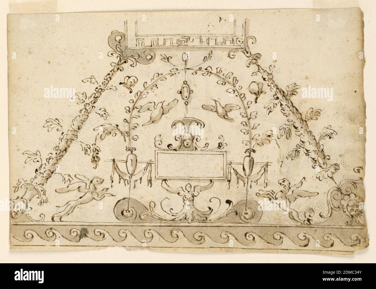 Two Projects for Painted Grotesque Decorations of a Ceiling, Charcoal, pen and ink, brush and greyish-brown watercolor on laid paper., Horizontal rectangle. The wave band is drawn on both sides, fret bands are indicated as decorations of the central frames. Below, in the center of the rhomboidal panel is an ooblong tablet support by the wings of a half-figure. Rinceaux bars spring with vases from which branches rise, forming a half circular panel. Enclosed are two birds and a hanging gem. Below are two winged tigers. Stock Photo