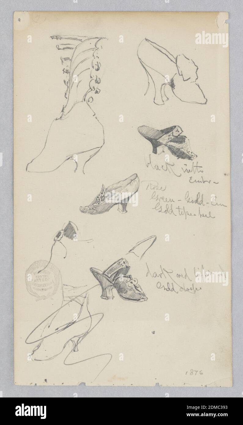Shoes, Robert Frederick Blum, American, 1857–1903, Graphite on wove paper, Six sketches of lady's shoes. Detail of overall style and color scheme., USA, 1876, costume & accessories, Drawing Stock Photo