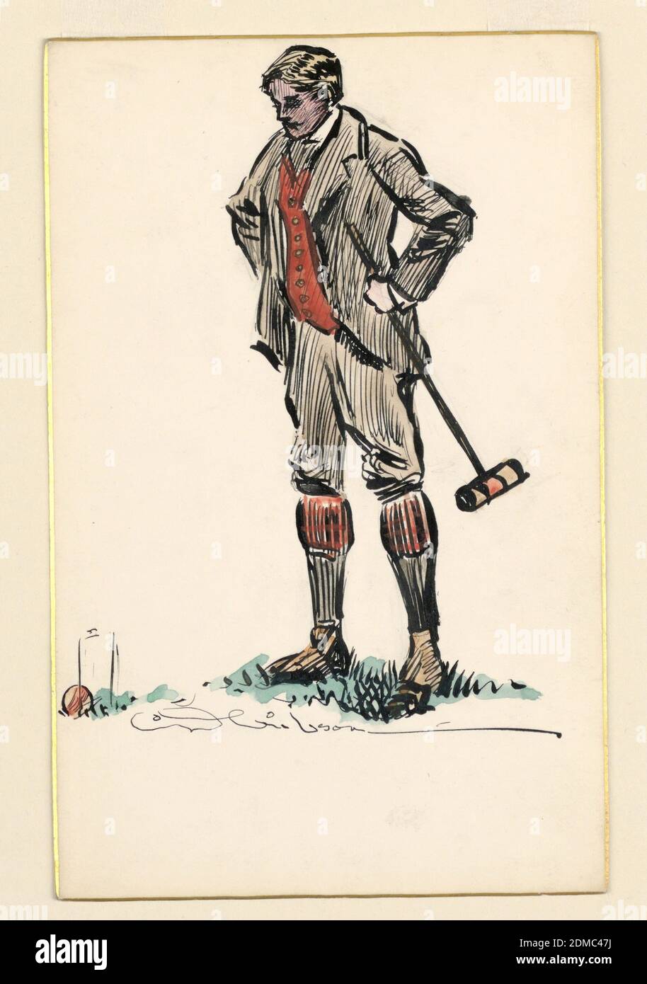 Croquet Player, Charles Dana Gibson, American, 1867–1944, Pen and black ink, with graphite and watercolor, on paperboard, Young man in knickerbockers standing, hands on hips, before a croquet wicket, and holding the mallet in his left hand., USA, ca. 1900, figures, Drawing Stock Photo