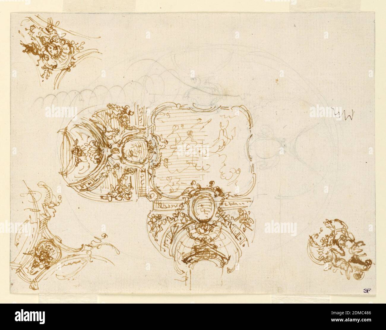 Ceiling Design for the Salone di Stupinigi (Main Hall of the Hunting Lodge), Filippo Juvarra, Italian, 1678 - 1736, Graphite, pen and brown ink on off-white Turin paper, Ceiling decoration with sketches of figures, cartouches, and rounded designs., Rome, Italy, ca. 1730, architecture, interiors, Drawing Stock Photo