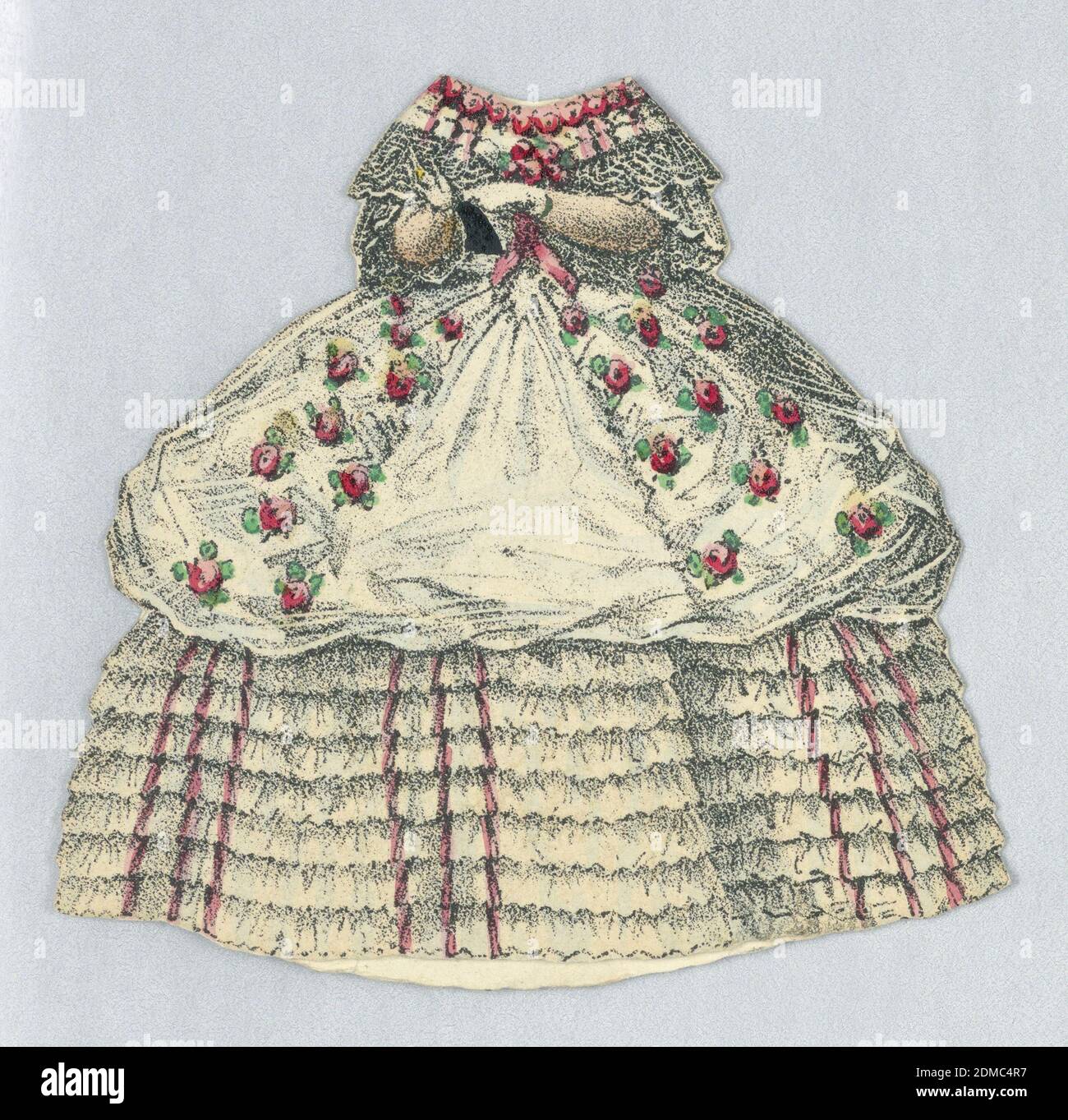 Paper Doll Costume in White with Red Roses, Lithograph, brush and watercolor on cream heavy wove paper, White dress lined with red roses at the neckline and roses on the upper portion of her dress. White lace sleeves, and many small layers of white ruffle also adorn the dress. Both back and front of dress depicted., USA, 1876–80, toys & games, Paper doll costume, Paper doll costume Stock Photo