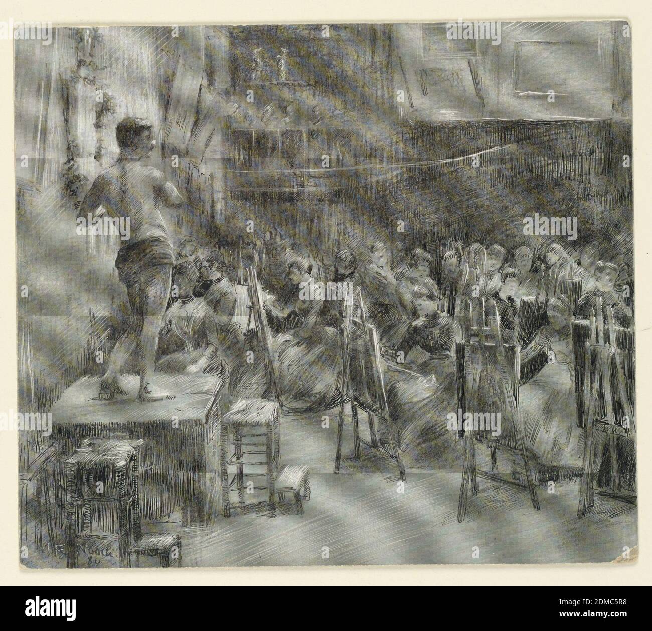 Atelier for Women (Bouguereau and Robert-Fleury), M. Riccardo Nobili, Italian, b. 1861, Black ink on prepared paper, Illustration on ruled paper for line-block reproduction, showing a class for women at the Académie Julian, Paris. Interior of a large studio, with a number of female students seated before their easels. A male model is posing on the platform, left., USA, 1880, figures, Drawing Stock Photo