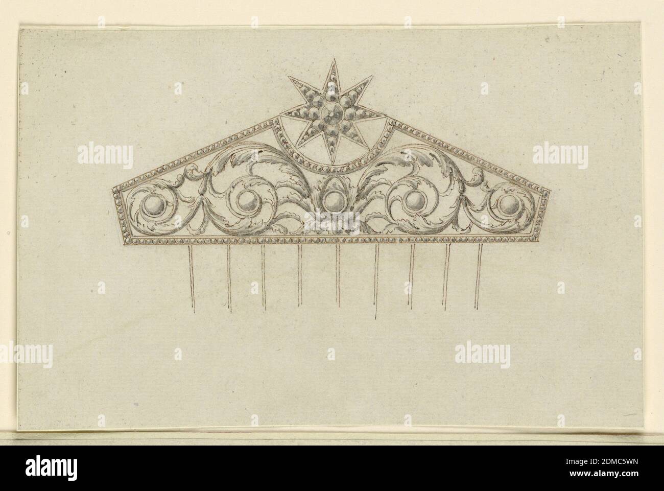 Design for a Comb, Pen and sepia ink, brush and gray watercolor on paper, Jewelry design for a hair comb. The cresting has the form of a pentagon with a long triangular shape. On top is a star. In the panel are rinceaux springing from a chalice contianing five round diamonds. Nine tines, as in 1938-88-772., Italy, early 19th century, jewelry, Drawing Stock Photo