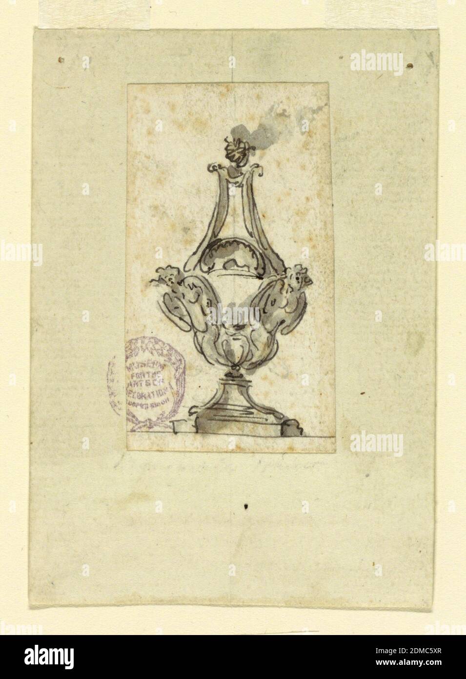 Project for a Lamp, Giuseppe Barberi, Italian, 1746–1809, Graphite, pen and  ink, brush and wash on paper, Bottle form with two loosely drawn angel  figures. Flame burning at top., Italy, ca. 1780,