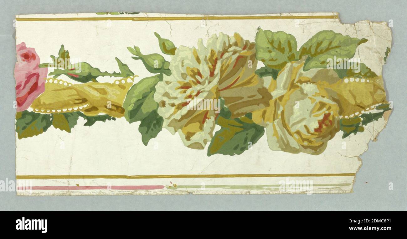 Border, Block-printed, On white ground, entwined yellow ribbon, yellow and pink roses, between mustard-yellow edge lines. Printed in margin: 'Patented in USA Dec 5, 1895', USA, 1895, Wallcoverings, Border Stock Photo