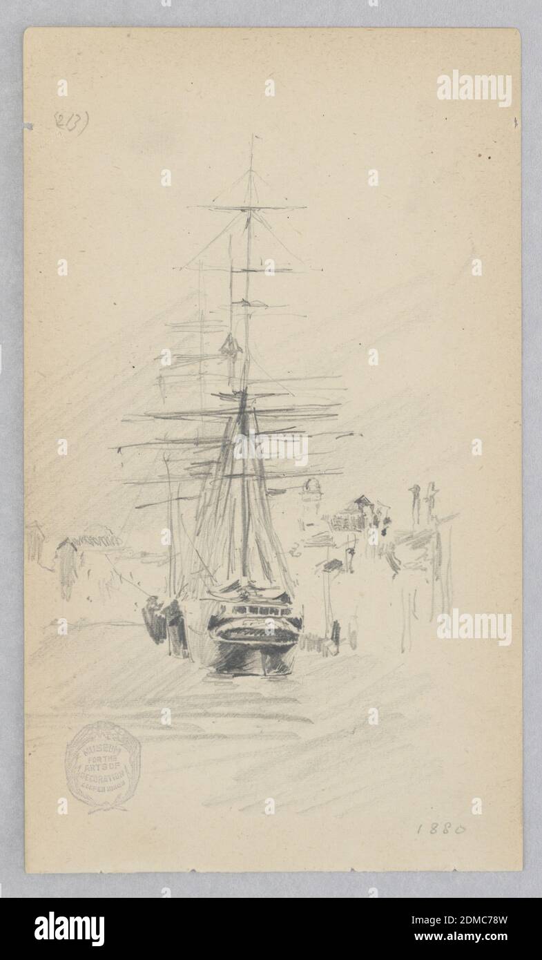 Schooner, Robert Frederick Blum, American, 1857–1903, Graphite on wove paper, Sketch of a schooner secured to the dock; View of the stern with sails tied to the mast and a cityscape in the background., USA, 1880, transportation, Drawing Stock Photo