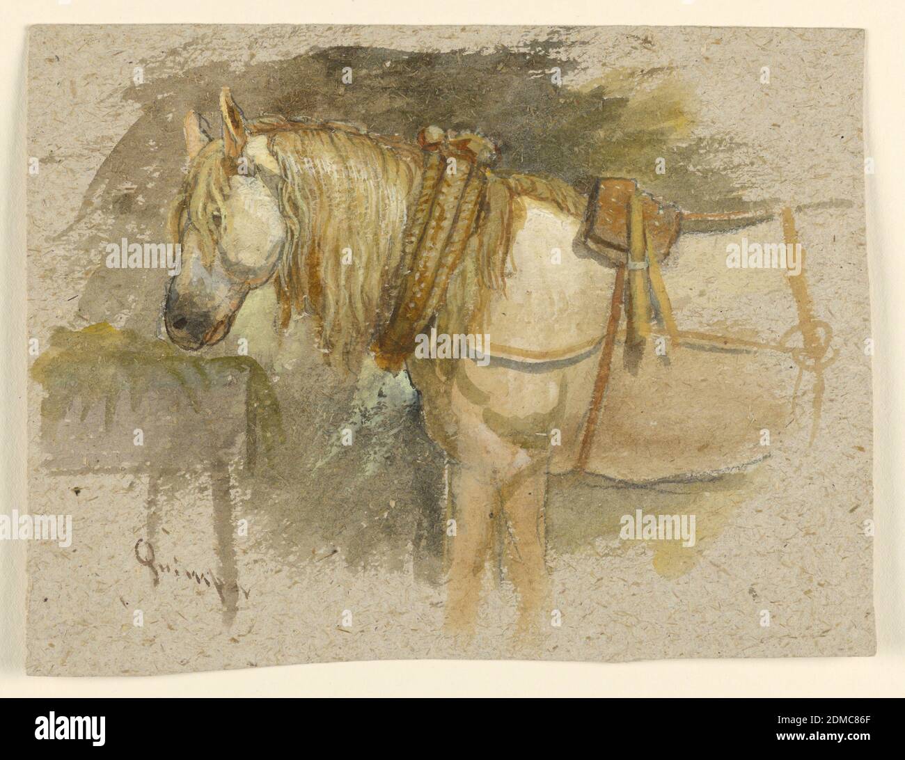 Study of a Horse, Quimper, Brittany, Samuel Colman, American, 1832–1920, Brush and watercolor, gouache, graphite on rough brown-grey paper, Upper forepart of a white, harnessed horse, shown in profile turned toward left, to a manger., Quimper, Brittany, France, 1873–74, animals, Drawing Stock Photo