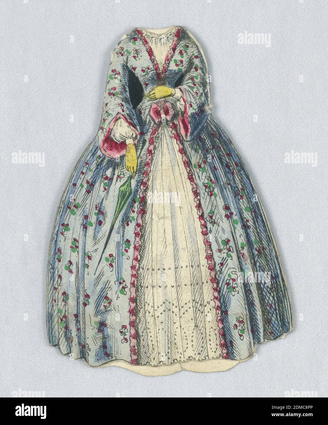 Paper Doll Costume in Blue with Flower Pattern, Lithograph, brush and watercolors on cream heavy wove paper, This blue dress has a flower pattern and is lined with pink. At the front, the blue layer splits to reveal the lace beneath. Both the back and front of this dress are depicted., USA, 1876–80, toys & games, Print Stock Photo