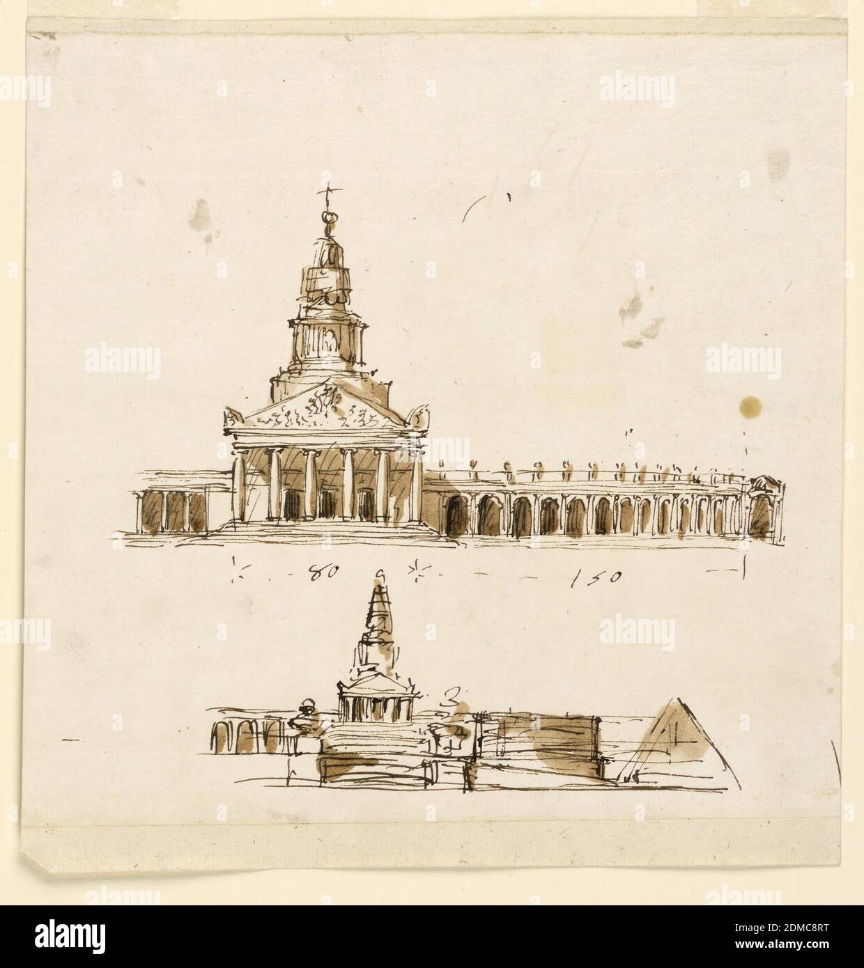 Elevations of a Mausoleum, Giuseppe Barberi, Italian, 1746–1809, Pen and brown ink, brush and brown wash on lined off-white laid paper, Top: an obelisk raises upon a pedestal above a Doric temple front. Three doorways lead into the interior of the building which is flanked by colonnades. Shown is somewhat more than the right part of the structure. The measurements for the widths are indicated. Bottom: A similar structure as above stands upon a platform, and the building, in turn, stands upon a platform of the height of the entablatures of the colonnades. Pyramids flank the structure. Stock Photo