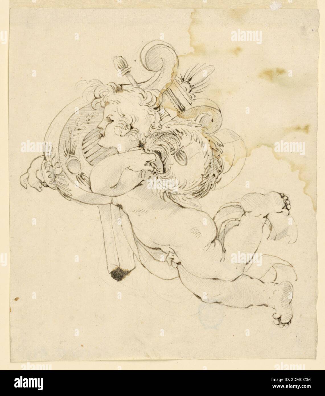 A Flying Putto Supporting a Lyre with His Right Shoulder, and a Wreath with His Left One, Fortunato Duranti, Italian, 1787 - 1863, Graphite, pen and ink on paper, Seen in profile, turned toward left., Rome, Italy, 1820–1850, Drawing Stock Photo
