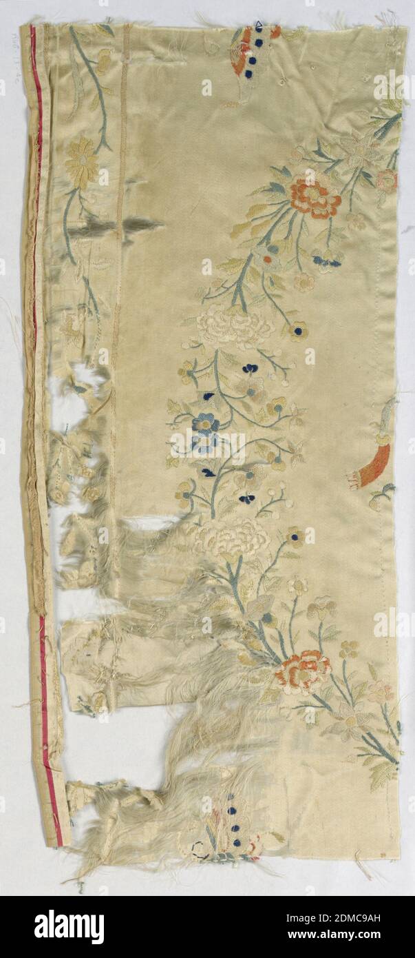 Fragment, Medium: silk Technique: embroidered on satin, Fragment of the outer border with flowers, vines and ribbons., China, 18th century, embroidery & stitching, Fragment Stock Photo