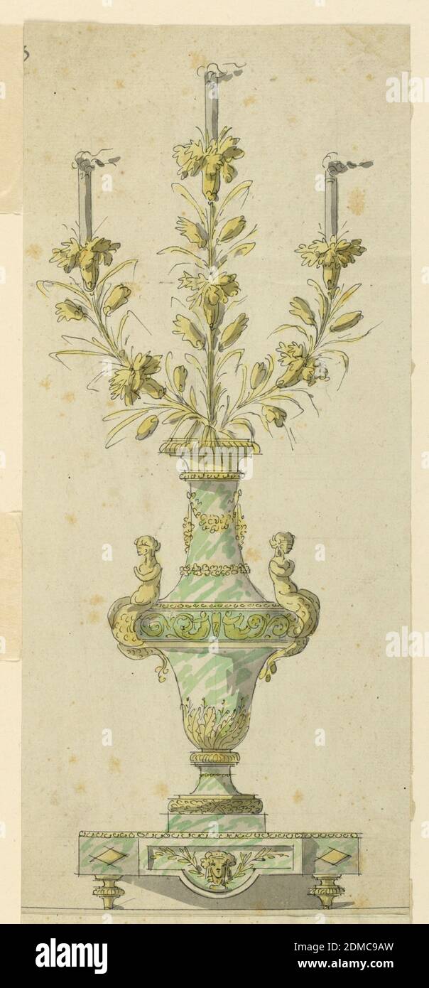 Design for a Candelabrum, Graphite, pen and ink, brush and watercolor on paper, Design for a marble and bronze candelabrum. A tall marble vase with bronze mounts consisting of garland swags, enriched molding and two mermaids. From the vase spring three flowering bronze branches with candles set within them. The case is on a marble base with bronze mounts., France, 1780–90, lighting, Drawing Stock Photo