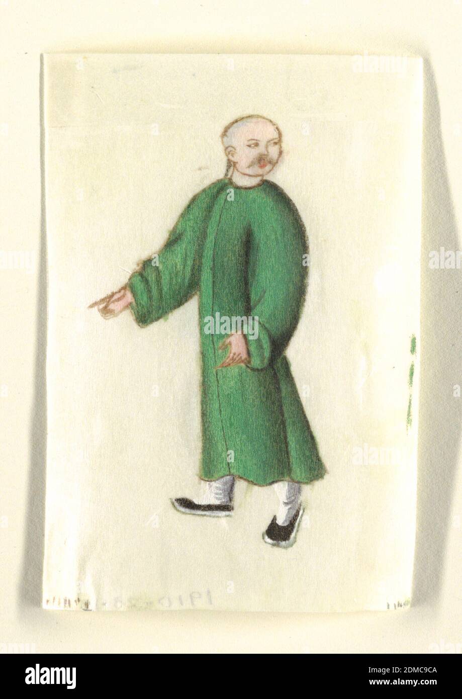 Standing Peasant, Brush and watercolor on rice paper, A standing peasant, walking left, his gaze directed over his left shoulder, wears a long green tunic, and head shaved., China, mid-19th century, Painting, Painting Stock Photo