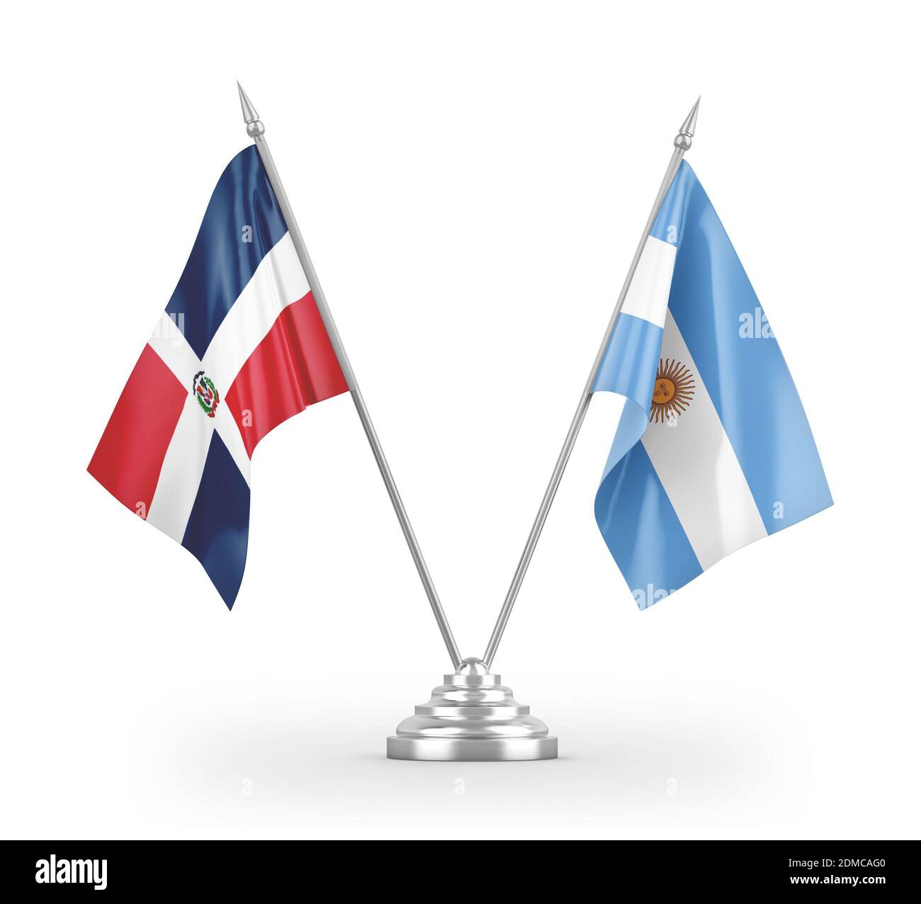 Argentina and Dominican Republic table flags isolated on white 3D rendering Stock Photo