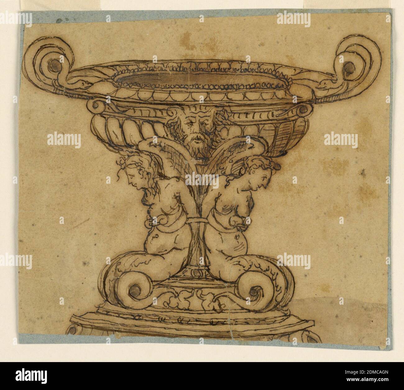 Elevation of a Saltcellar, Pen and ink on paper, Horizontal rectangle. Two winged mermaids are seated upon a round base and are attached to the shaft. The body of the bowl is bossed and shows a satyr mask in the center. Mouldings are on top. Two snakes form the handles. The supports are not entirely shown., Italy, 1530–60, tableware designs, Drawing Stock Photo