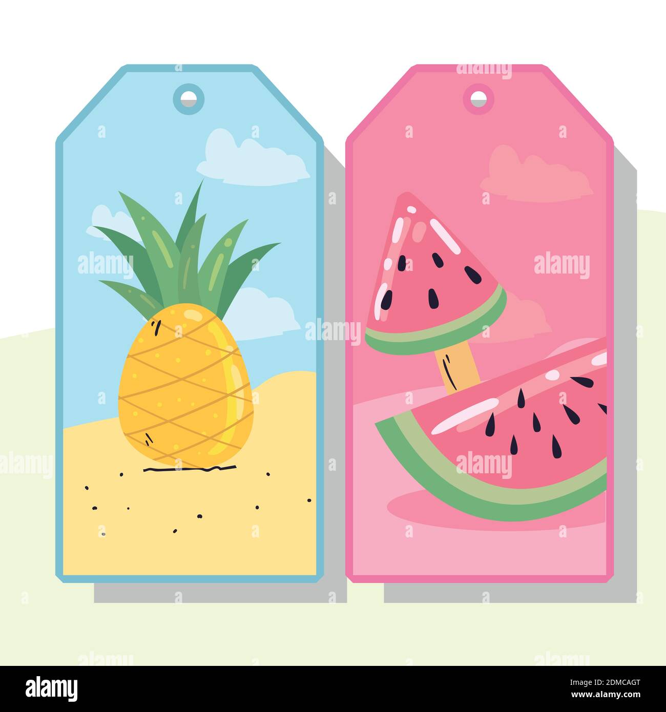 Summer pineapple and watermelons ice creams in labels design, vacation ...
