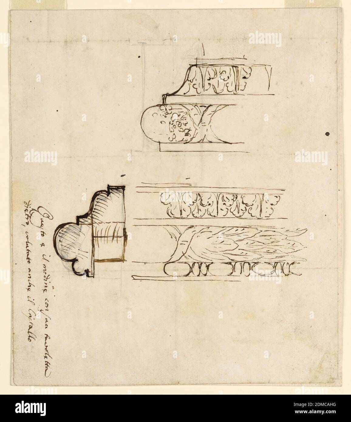 Design for a Molded Frame, Probably for a Looking Glass, Giuseppe Barberi, Italian, 1746–1809, Pen and brown ink, brush and brown wash, graphite on off-white laid paper, lined, Right row: above the left corner, below the central part. Beside it at left the section is shown. The decoration consists of rows of leaves, a garland, an ovolo. Caption at left, horizontally: 'Questo e il mod(glio)re con sua travoletta / dietro, voluntato anche il cristallo'., Rome, Italy, ca. 1780, architecture, Drawing Stock Photo