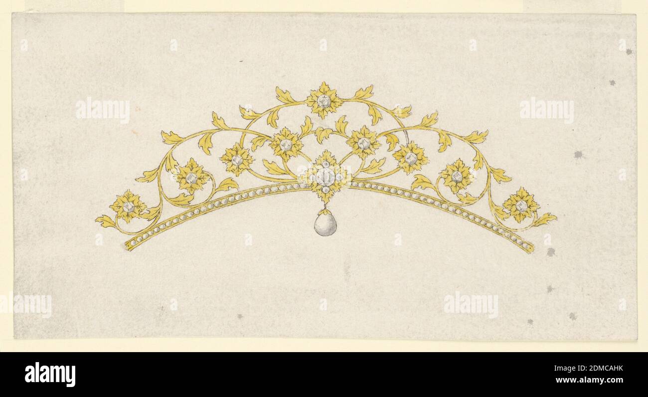 Design for a Coronet, Pen and brown ink, brush and gray, yellow wash, graphite on white wove paper, Horizontal rectangle. Design for a small crown or tiara intended to be executed in gold with white diamonds. Branches with leaves and blossoms like rosettes with a diamond in the center. Below a stripe with a row of round diamonds with a rosette with one big and four small diamonds in the center with a hanging pearl. Verso: parts of geometrical figures in red., Italy, 1820–30, jewelry, Drawing Stock Photo
